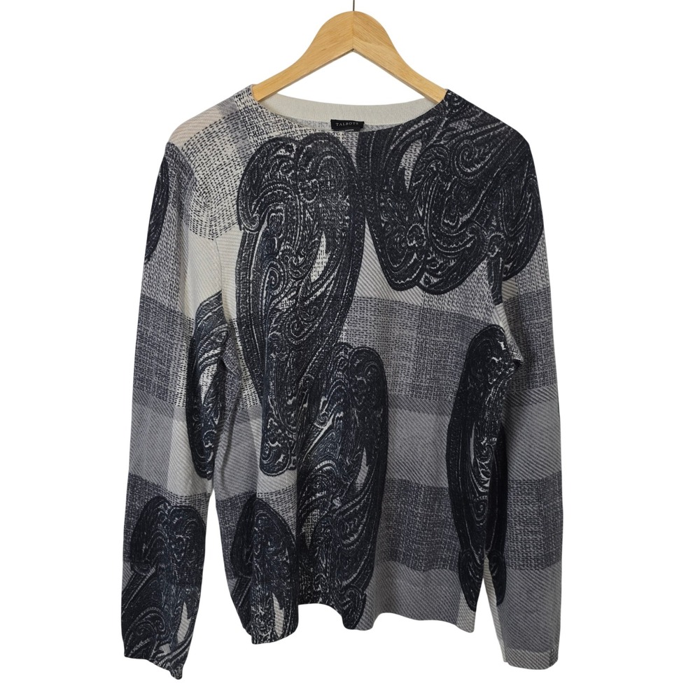 Talbots Pure Cashmere Paisley Plaid Crew Neck Sweater XL Black Gray Ivory